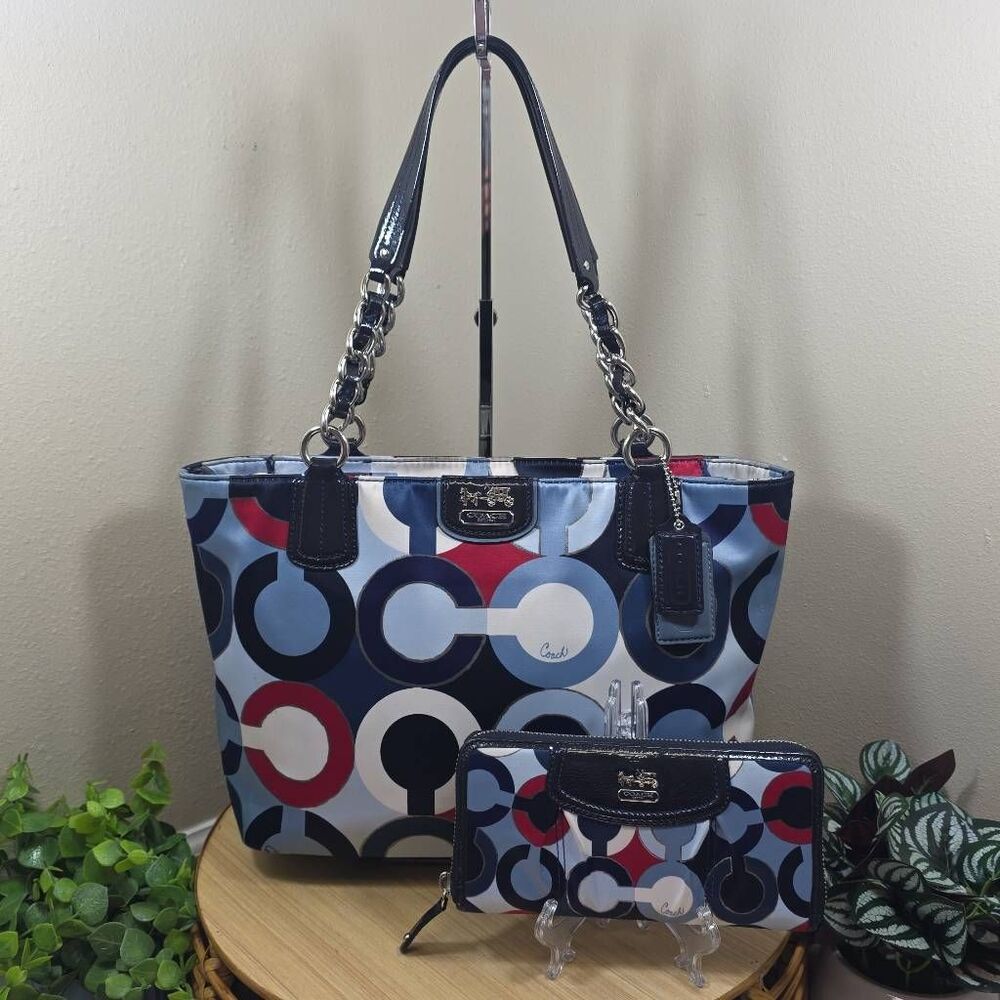 Coach Madison Op Art Chain Metallic Sateen Tote & Matching Zip Wallet Style 2123